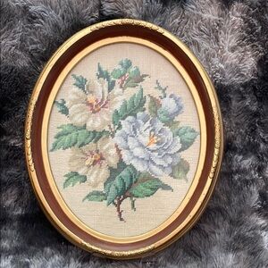 Vintage Needlework flowers in golden worked wood frame
